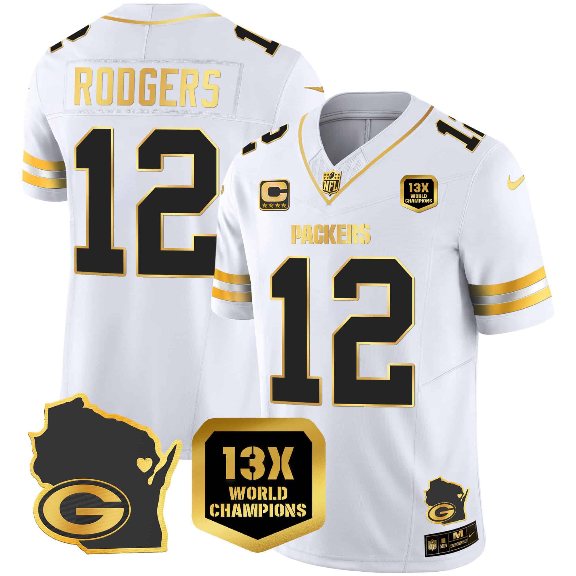 Men Green Bay Packers #12 Rodgers White Gold 2024 Nike World Champions Home Patch Vapor NFL Jersey
